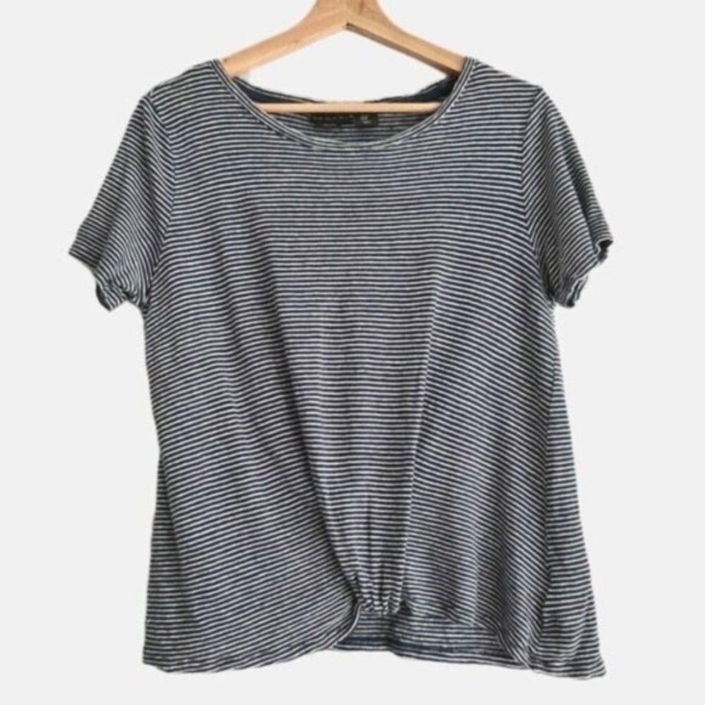TAHARI 100% Linen Stripe Navy & White Front Knot Tee Sz M